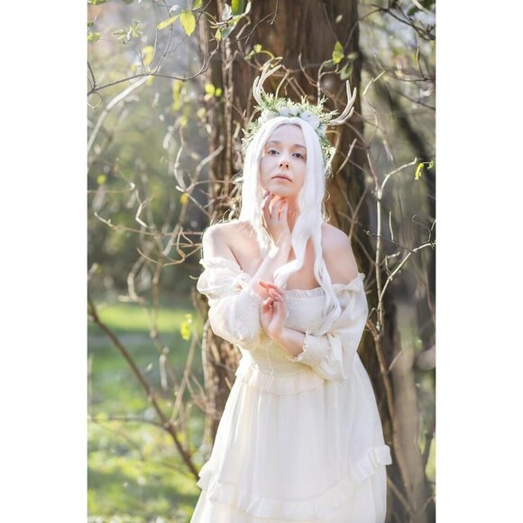 Handmade White Flower Antler Headpiece Woodland Reindeer Crown for Cosplay main image 7